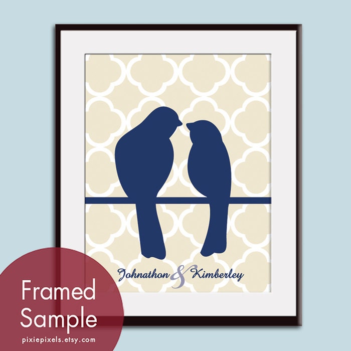 Love Birds on a Wire (B) - 8x10 Art Print (Featured in Cream and Deep Blue) Personalize Names and Colors