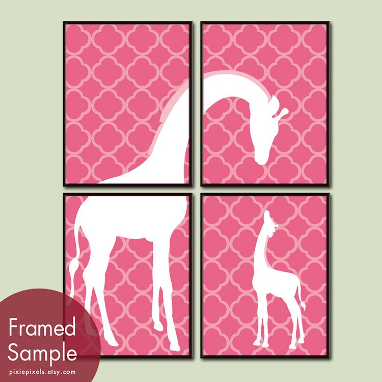 Momma and Baby Giraffe (Series A) Set of 4 - 8x10 Art Prints - (Featured in Honey Suckle) Customizable Colors
