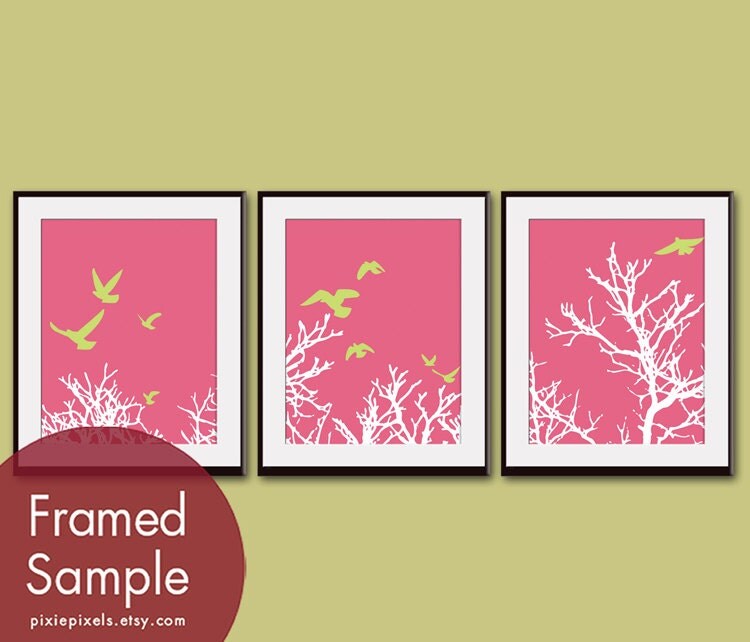 Birds above Tree Branches (Series A) Set of 3 - 11x14 Art Prints (Featured in Honey Suckle with Kiwi) Nature Woodland Inspired