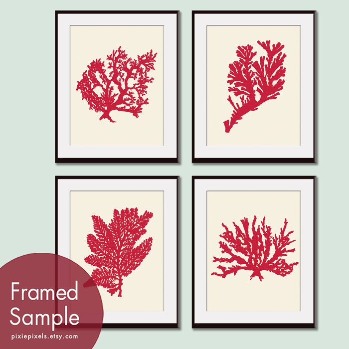 Underwater Sea Coral Collection (Series F) -Set of 4 - 11x14 Art Prints (Featured in Apple Red and Soft Cream)