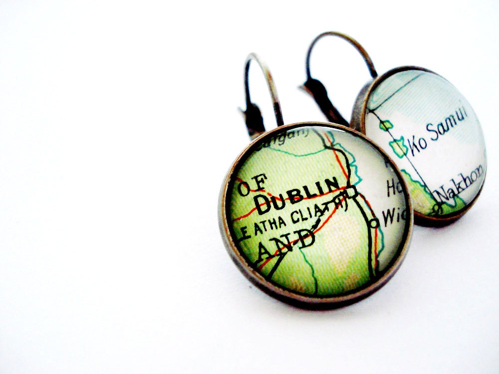 Drop earrings, personalized maps, green,minimal, earth tones