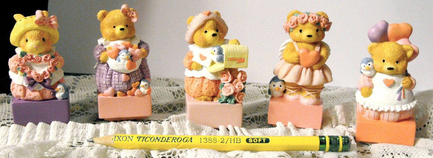 Vintage Cute Bears and One Bunny Resin Stamps Hand Painted Figurines are One Of A Kind