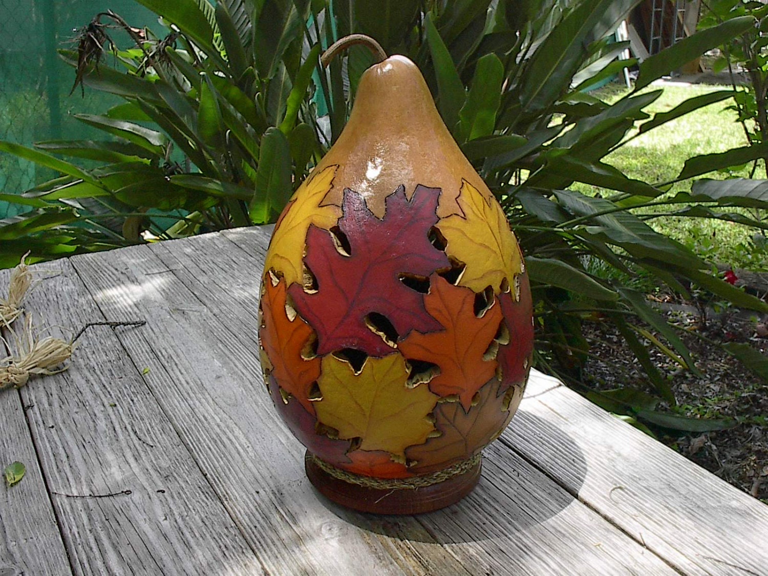Handpainted Woodburned Fall Leaves Gourd Lamp
