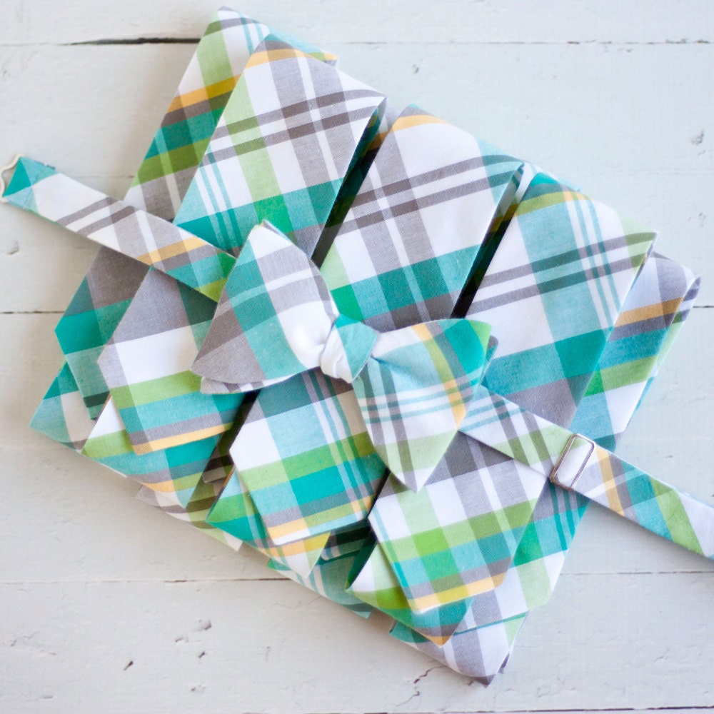 The Beau- men's grey/aqua plaid neckties and freestyle bow tie- 7 skinny 2.5" groomsmen neckties and 1 freestyle bow tie for the groom
