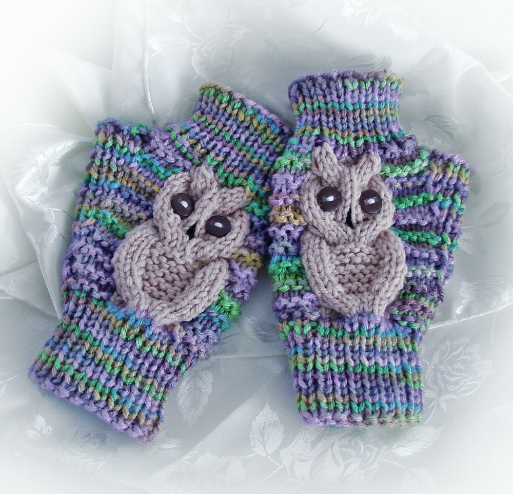 Fingerless Owl Gloves - Purple Garden Owls - Acrylic