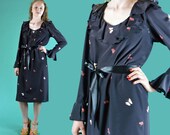 80s Vintage HANAE MORI Shift Dress / Romantic Ruffled Butterfly Print Dress / Low Ruffle Neckline Long Sleeve Ruffle Cuffs M / L