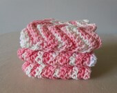Crocheted Cotton Dish Cloths / Wash Cloths -  Set of 3 - Shades of Pink Variegated and White
