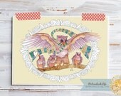Mama Owl with Patchwork Scarf--Under Love's Wings. Sweet Small Collage Print for Baby Boy or Girl in Soft Violet and Brown.