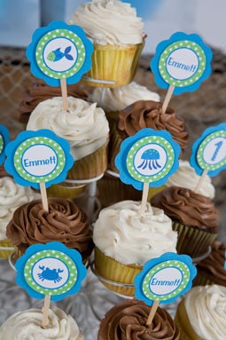 Under the Sea Theme Cupcake Toppers - Under the Sea Happy Birthday Party Decorations - Ocean Theme Birthday Party in Blue and Green Il_170x135