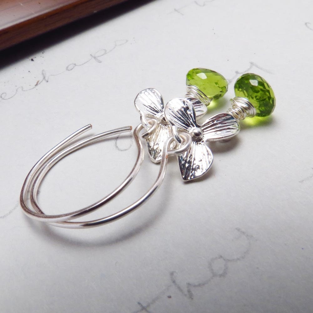 Peridot Gemstone Wire Wrapped Silver Orchid Flower Earrings