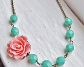 Coral and Mint Flower Necklace. Peach. Pink. Turquoise. Bridesmaid Necklace. Bridal Jewelry. Rose. Turquoise Necklace. Peach