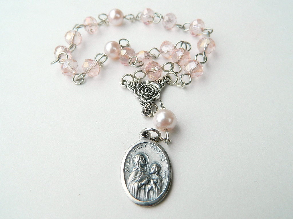Pink Pearl and Crystal Chaplet Rosary of St. Anne: Mother of Mary, Grandmother of Jesus