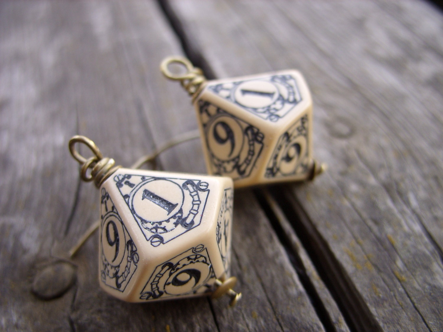 D10 steampunk dice earrings dice jewelry dnd dungeons and dragons toothed bar