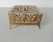 Small Gold Toned Square Glass Dresser Tray