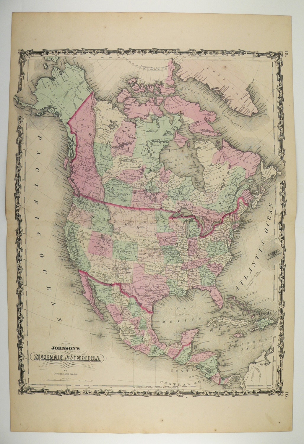 1862 Antique Map of North America United States Canada Mexico Central America Caribbean West Indies Greenland