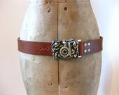 70s brown leather and brass belt // 33" 35"