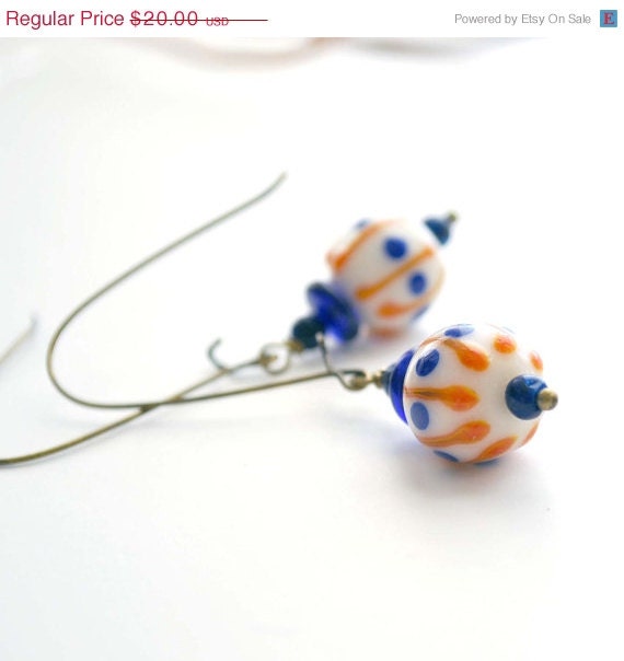 ON SALE Stripes and Spots Glass Earrings White, Blue Orange Dangle
