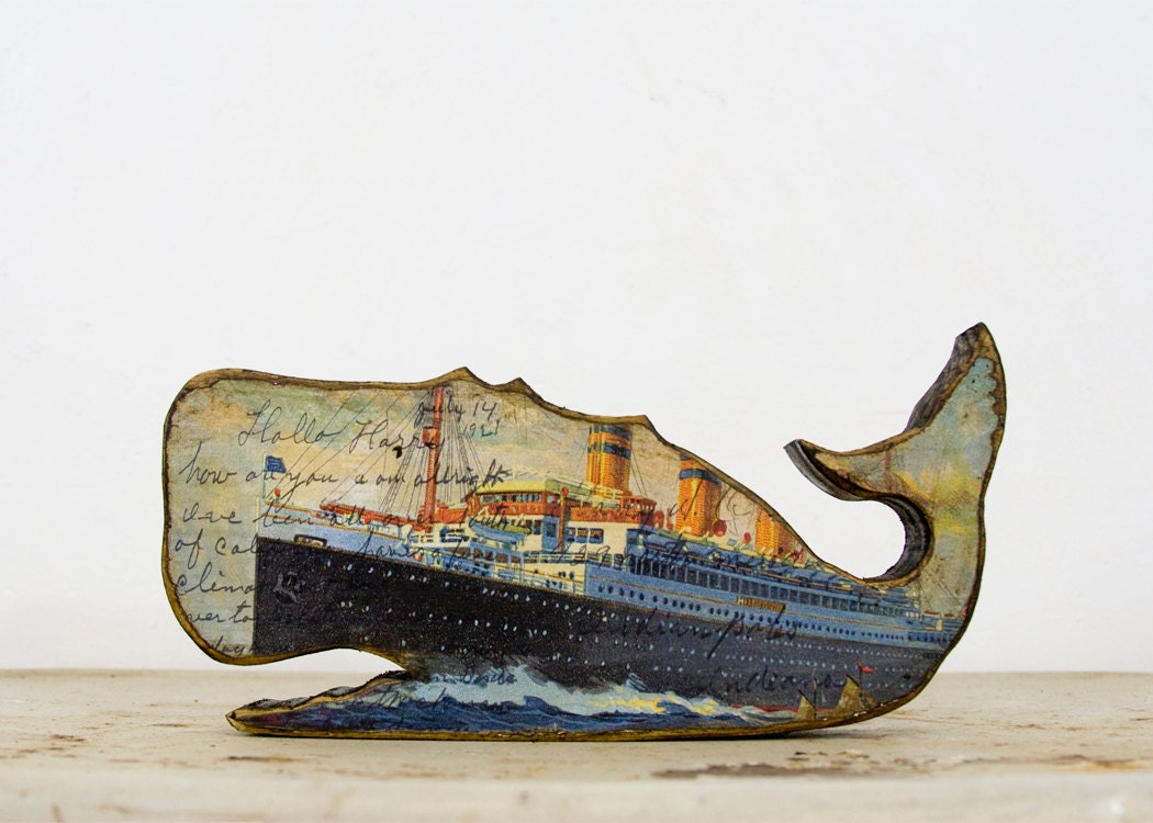 Wooden Whale Figurine with Vintage Postcard Art