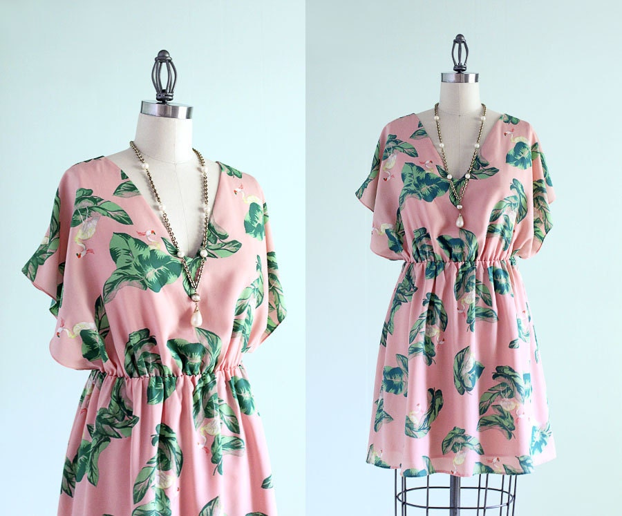 Vintage 80's Flamingo Pink Kimono Dress - Small Medium
