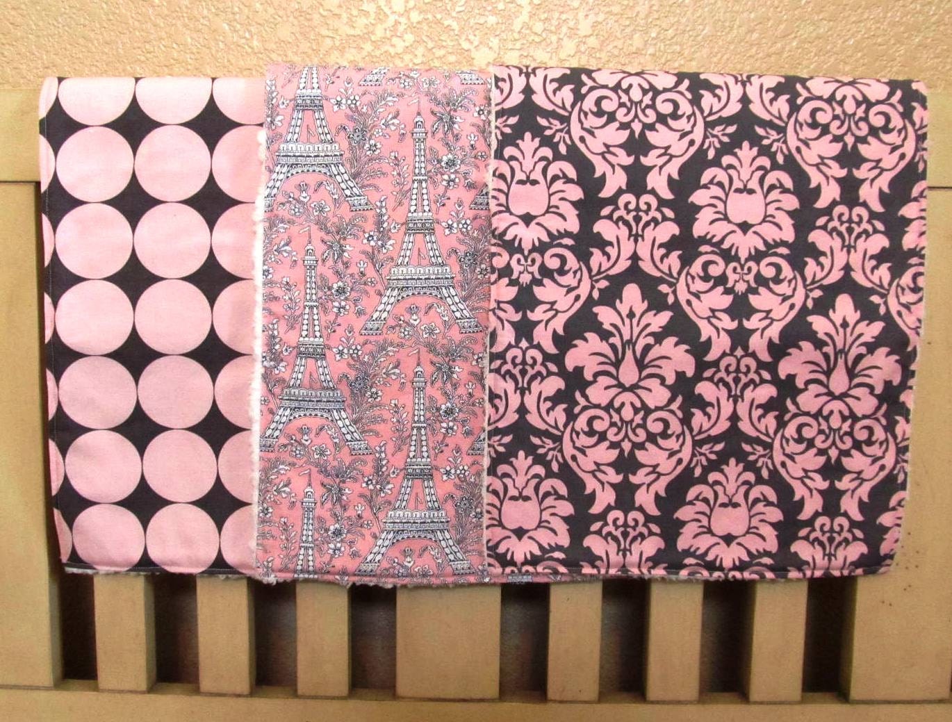 Girls Burp Cloths, Set of 3, Michael Miller Pink Eiffel Tower, Dandy Damask, Disco Dot with White Chenille Custom Burp Cloths