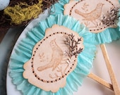 Love Bird. Twelve Cupcake or Appetizer Toppers with Birds and Robins Egg Blue Ruffles