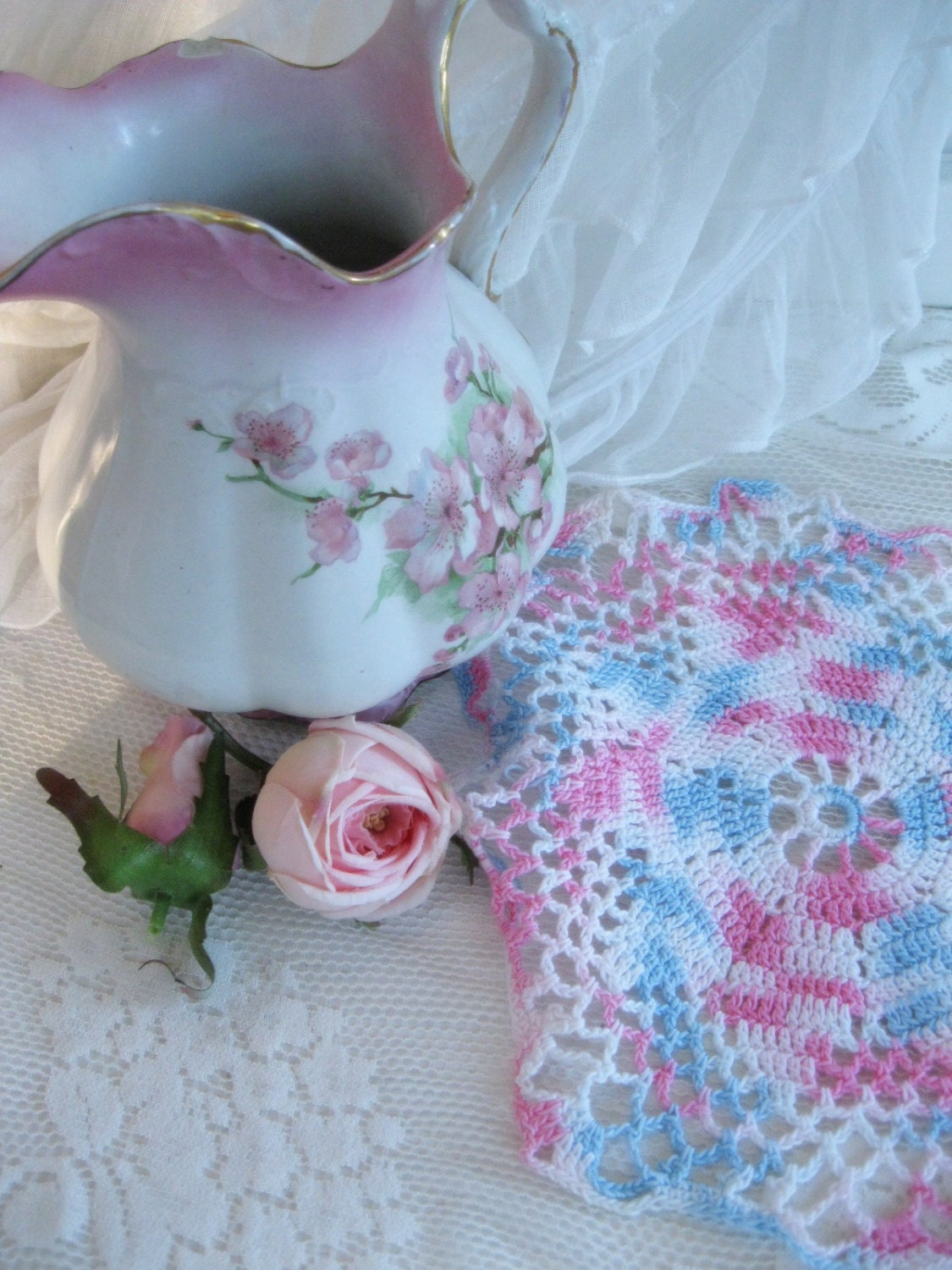 Doilies, Set of Two, Pretty in Pink, Shabby Cottage, Cottage Charm, French Decor, by mailordervintage on etsy