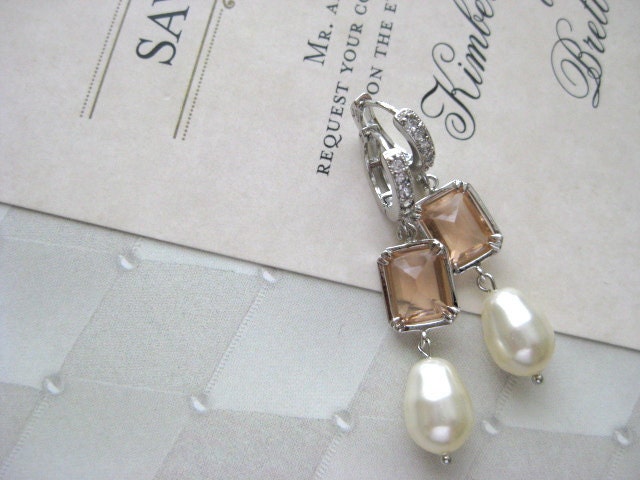 Champage Emerald Cut Stone Pearl and Pave Cubic Zirconia Earrings Bridesmaids Wedding Jewelry
