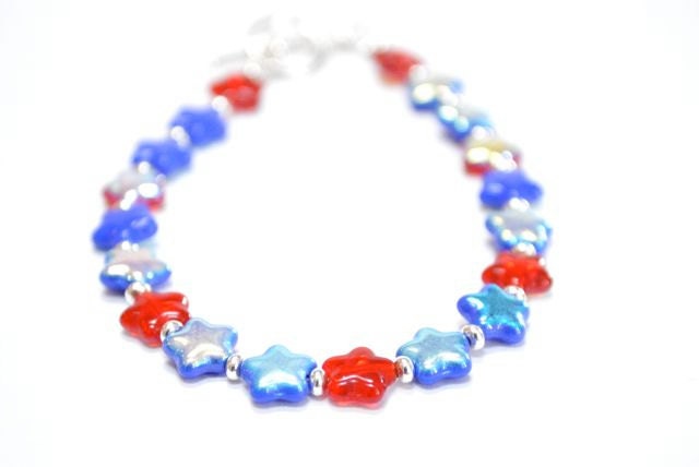 Fourth of July Bracelet, Red, Blue, Stars, Memorial Day, Metallic, Under 20- Fireworks