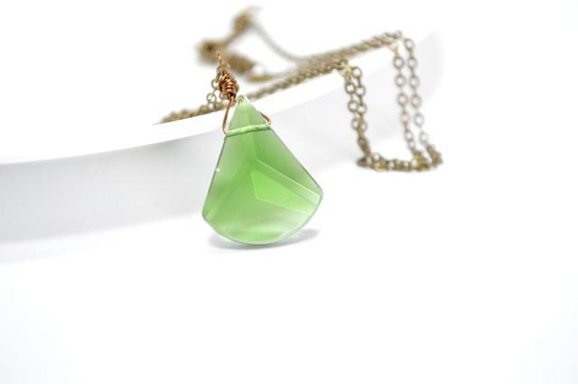 Emerald Green Teardrop Pendant, St Patricks Day May Birthday Shamrock Clover Evergreen Pine Wire Wrapped Antiqued Brass