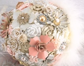 Brooch Bouquet Bridal Bouquet in Ivory, Blush, Nude, Peach and Champagne with Feathers, Lace, Pearls, Enamel Flowers Vintage Inspired
