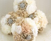 Bridesmaids Brooch Bouquets Wedding Fabric Bouquet  in Champagne and Ivory with Lace