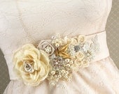 Bridal Sash- Wedding Sash in Champagne, Gold and Ivory with Pearls, Vintage Brooch and Handmade Flowers