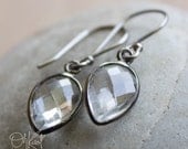 Black Rhodium Crystal Quartz Gemstone Earrings - Inverse Teardrops - Oxidized