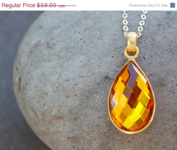 Memorial Day SALE Gold Mystic Citrine Quartz Necklace - Teardrop Pendant - Colourful Stone