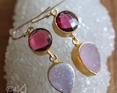Memorial Day SALE Red Ruby Quartz and Pink Agate Druzy Earrings - 14K Gold Fill