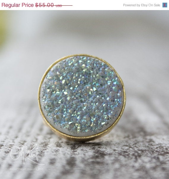 SALE 15 OFF Gold White Titanium Druzy Ring - Round Stone Ring - Adjustable