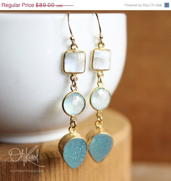 SALE 15 OFF Rainbow Moonstone, Aqua Chalcedony, and Ice Blue Druzy Earrings - 14K Gold Fill - Long Earrings