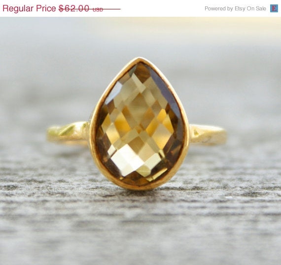 SALE 15 OFF Gold Citrine Ring - Gemstone Ring - Stacking Ring, November Birthstone Ring, Teardrop