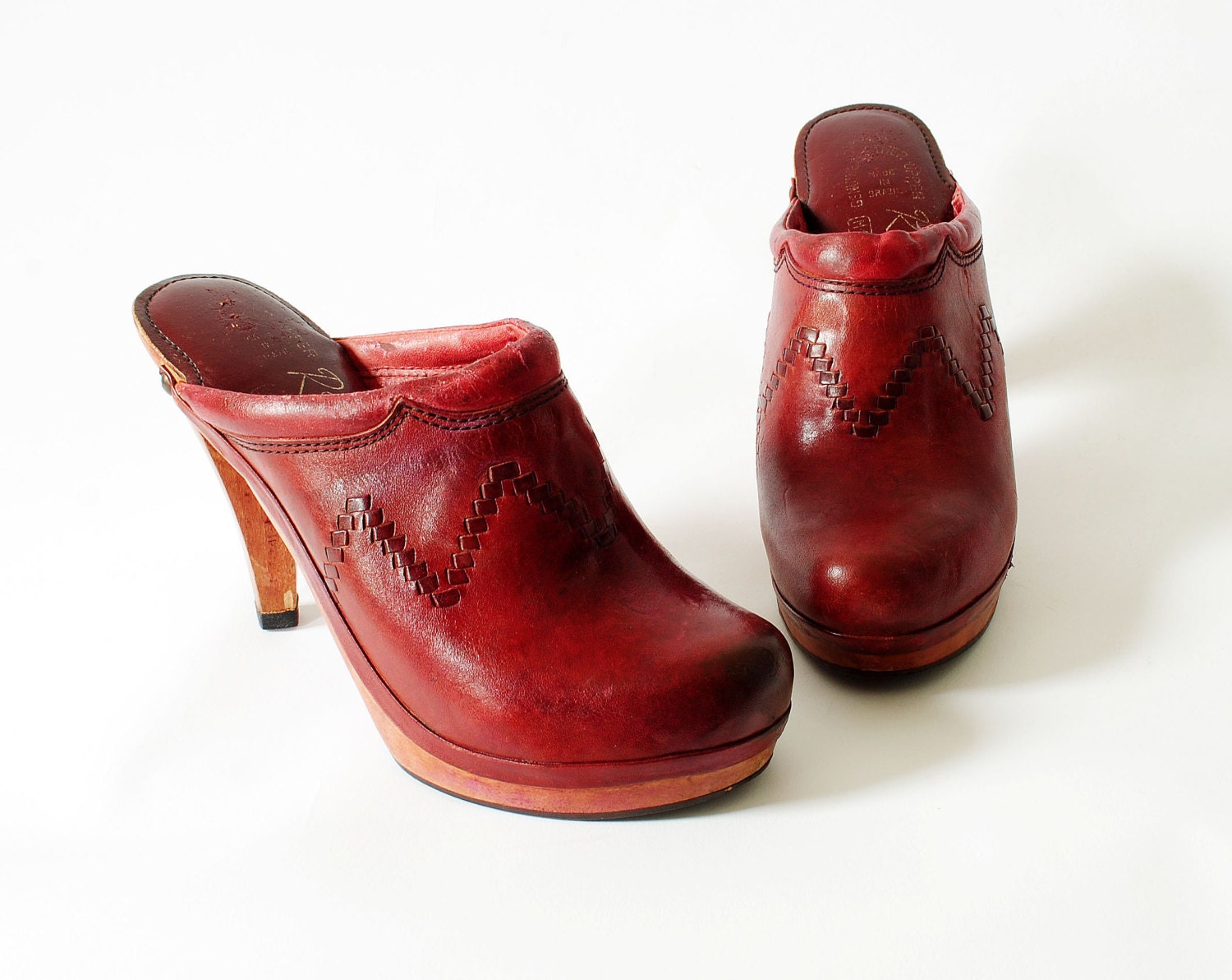 Vintage Wooden High Heel Clogs Size 7.5 Oxblood Leather