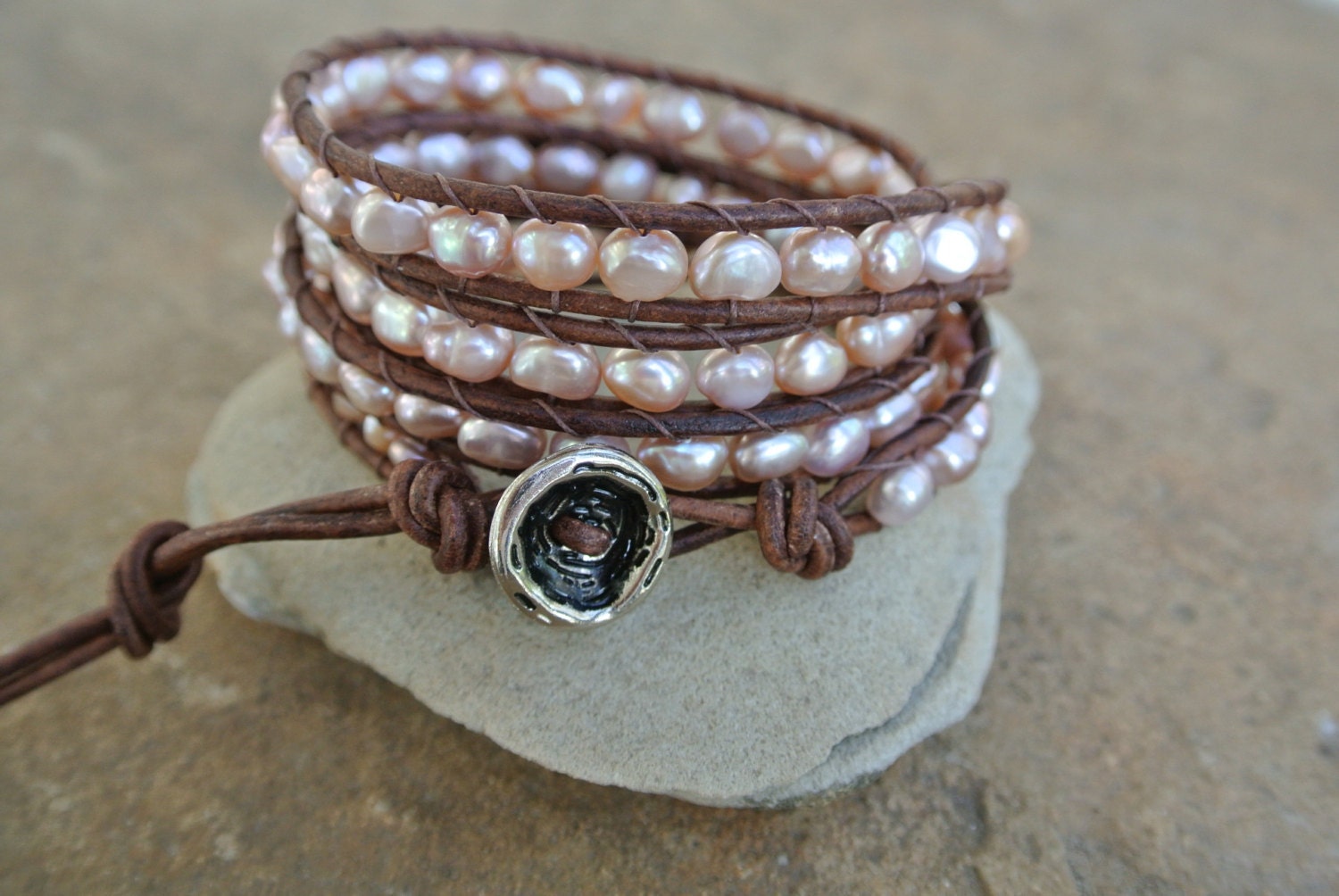 Champagne FreshWater Pearl Beaded Natural  Leather Wrap Bracelet