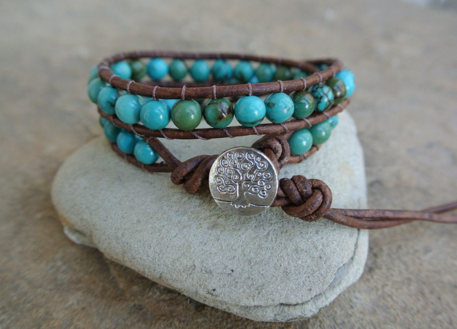 Tree of Life Turquoise Beaded Leather Wrap Bracelet