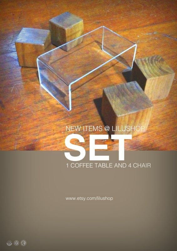 Modern Clear Coffee table with 4 wood stools (scale 1:12)