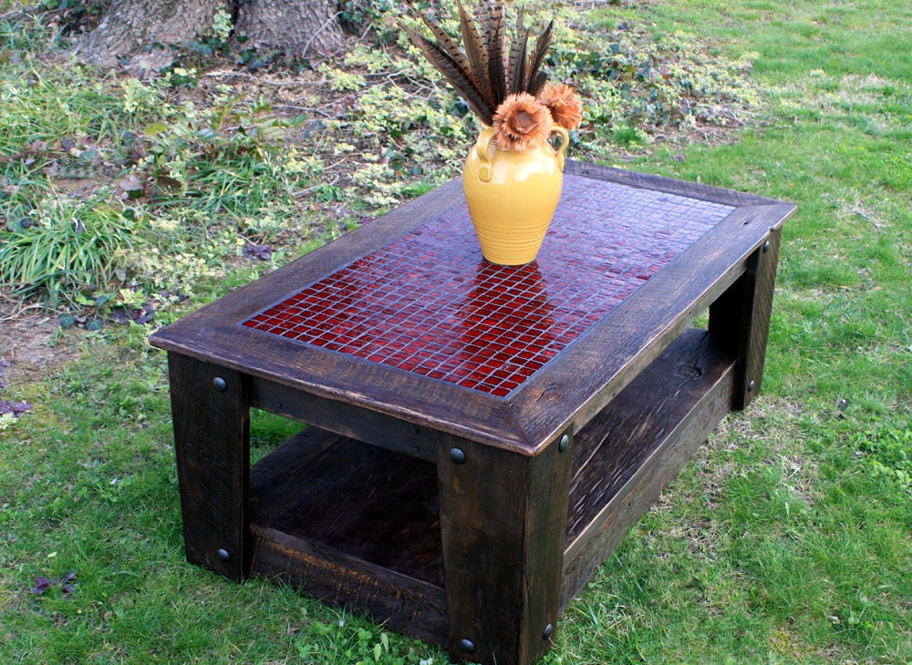 Coffee Table with Casters, Glass Mosaic Centerpiece, "Fire & Ice", Rustic Contemporary, Dark Brown Finish  - Handmade