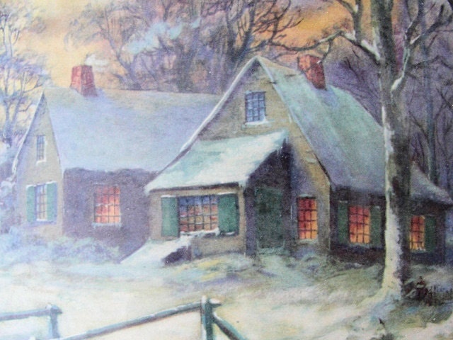 Antique 1920s Romantic Charming Framed Print Picture Cottage Home Winter Evening Scene Very Thomas Kinkade