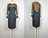1960s Lilli Diamond Cocktail Dress .  60s Black Nude Chiffon Evening Dress . Pearls . Rhinestones.