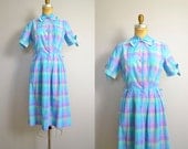 1950s Dress / 50s Plaid Shirtwaist Dress / Ascot Bow / Spring Pastels