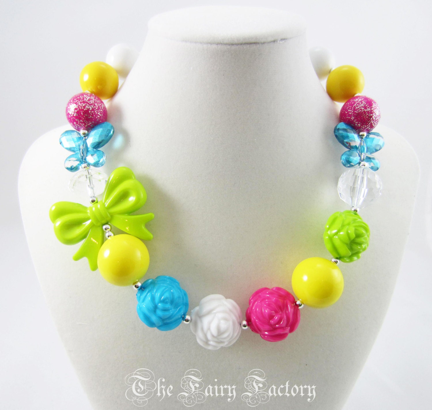 Flower Children's Necklace, Chunky Necklace, Turquoise Yellow Lime Hot Pink Necklace, Beaded Gumball Necklace, Child Girls Necklace