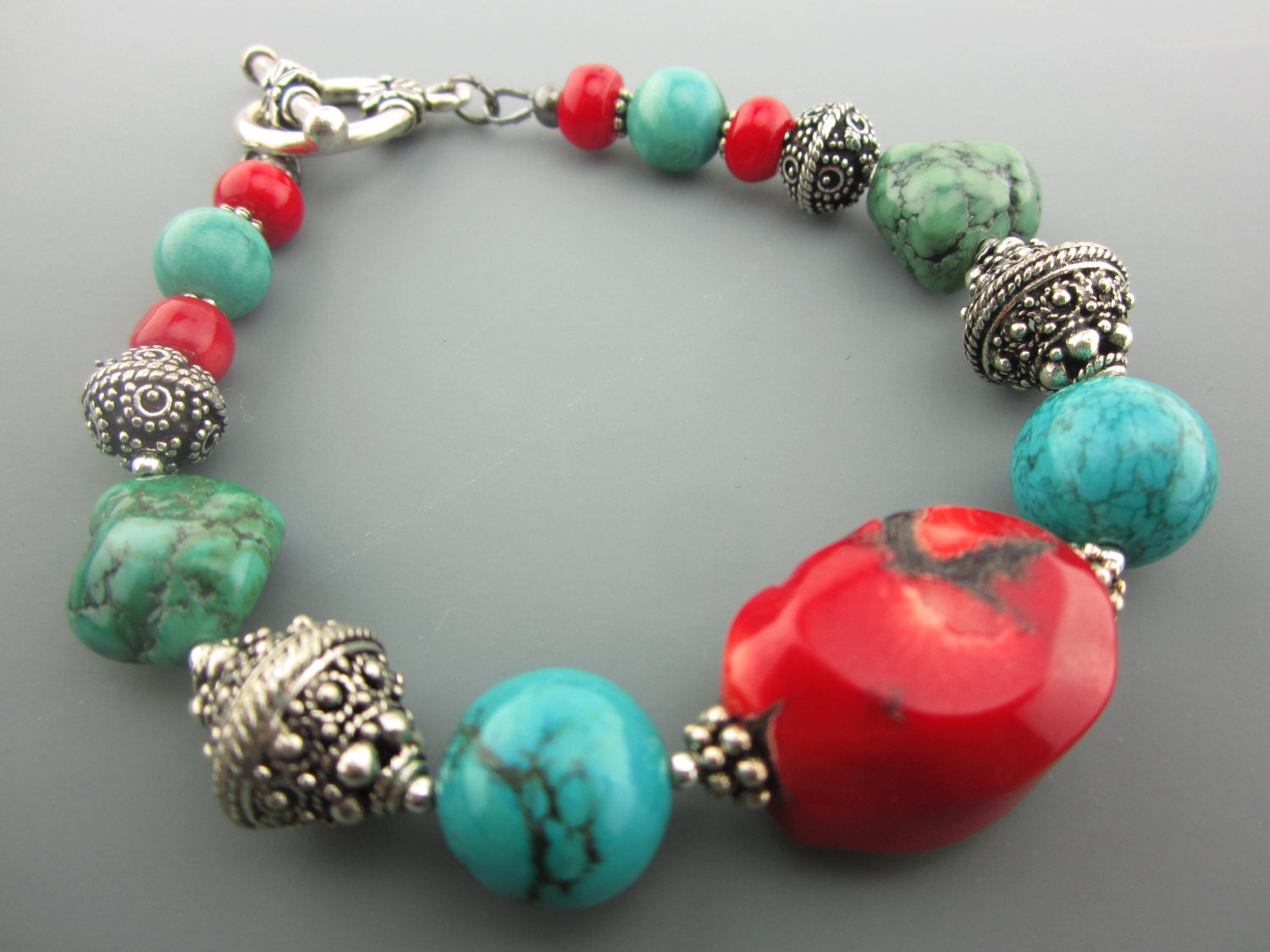 Turquoise and Coral beaded bracelet, handmade, indian jewelry, southwest, sterling silver