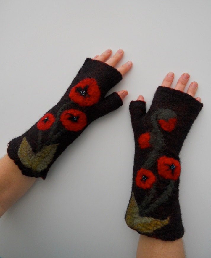 Fingerless Gloves "Poppies"  Mittens Pure Merino Wool Hand Felted Arm and Hand Warmers