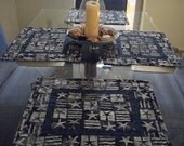 Quilted Placemats  Batik Seashells Palm Trees and Ocean Waves in Shades of Grey Set of 4